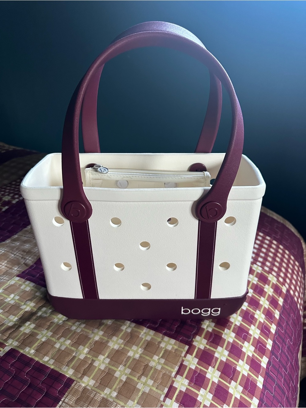 BOGG BAG Cream Tote with Burgundy Accents